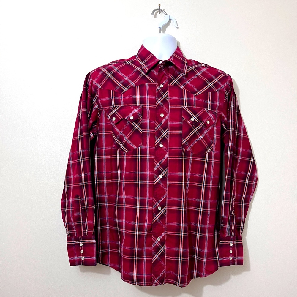 Wrangler Mens Western Shirt Plaid Long Sleeve Pearl Snaps Size Medium Equestrian